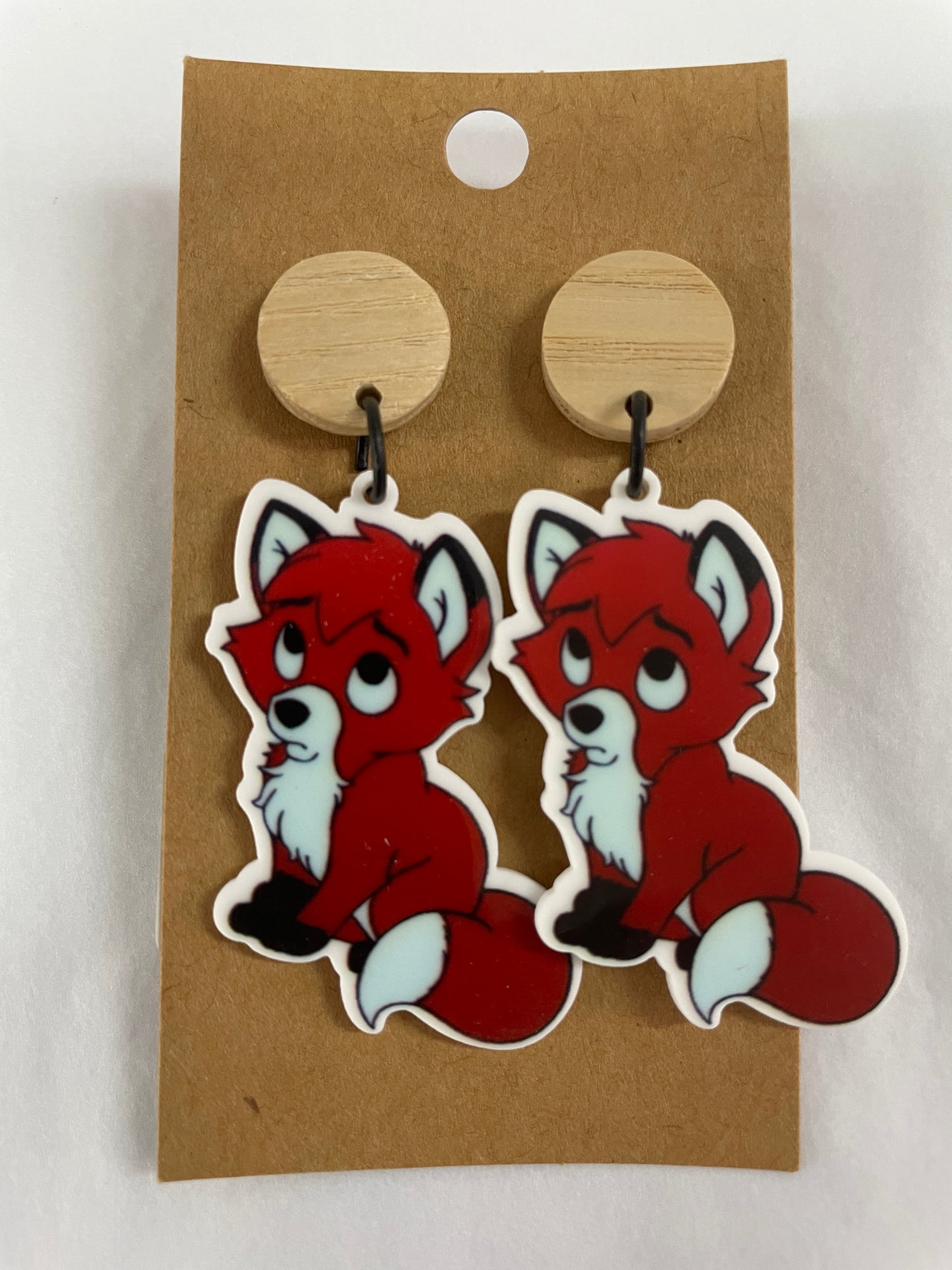 Beldari Pottery handmade red fox resin dangle earrings with light timber stud tops.