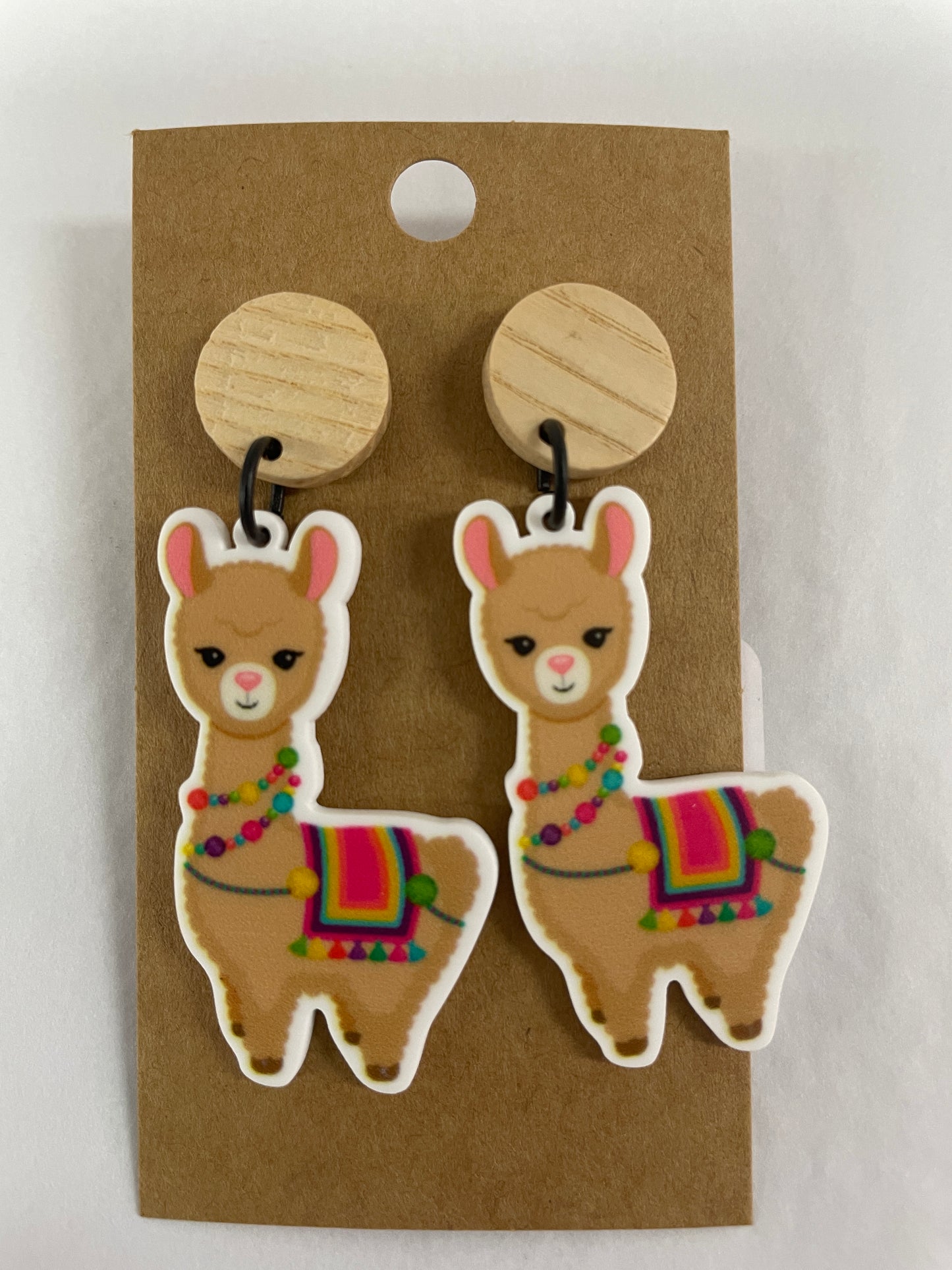 Llama resin dangle earrings featuring one llama on each earring with natural timber stud tops by Beldari Pottery.