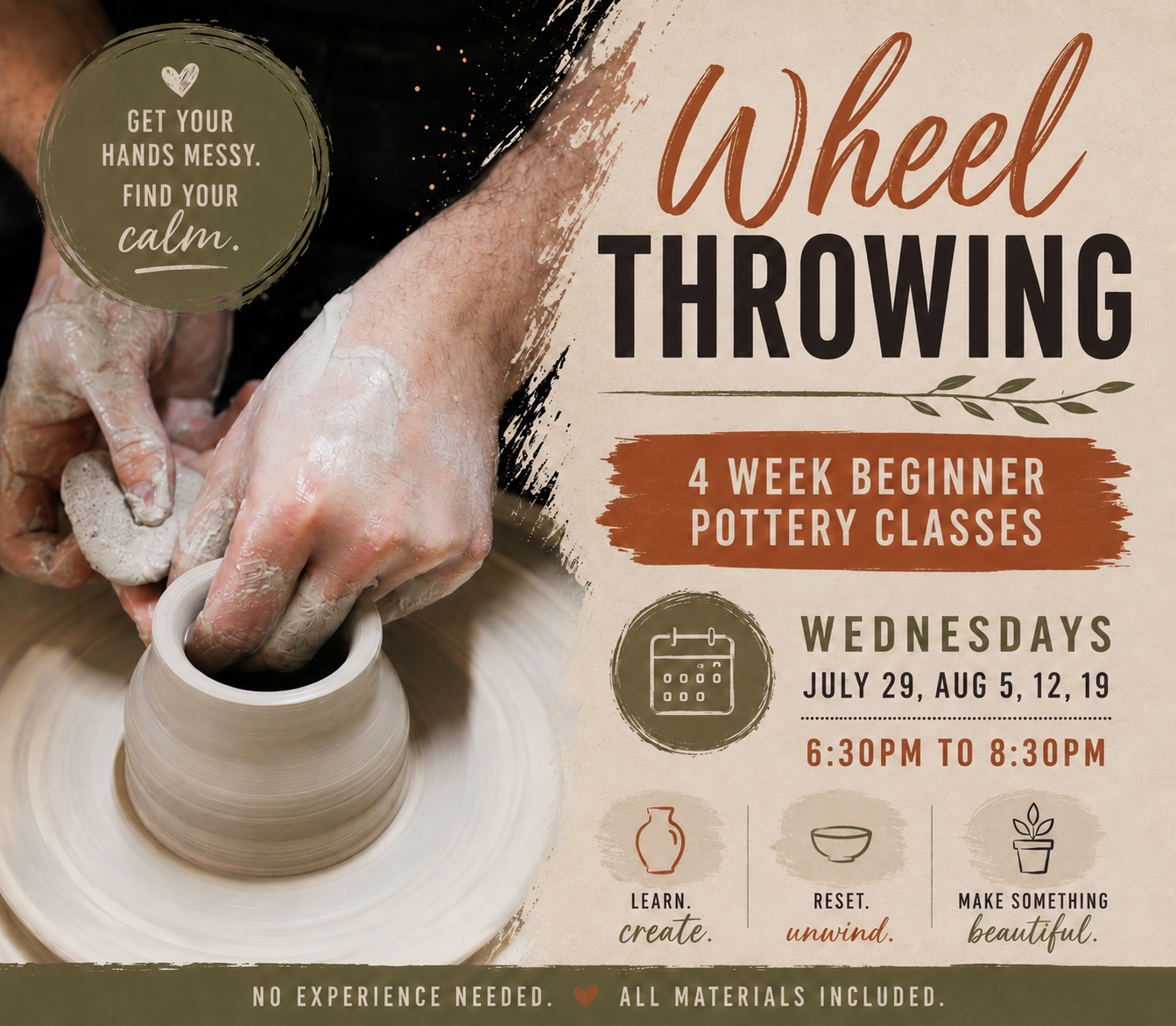Wheel Throwing Beginner Classes - 4 weeks.