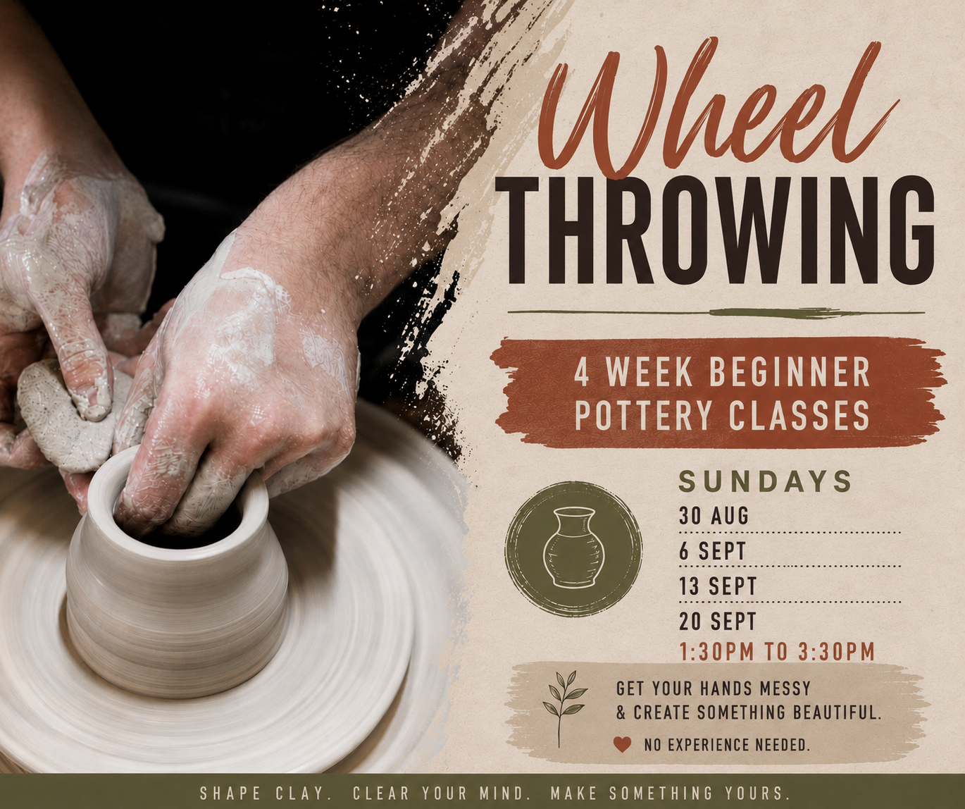 Beginner wheel throwing pottery course at Beldari Pottery Studio in Echuca
