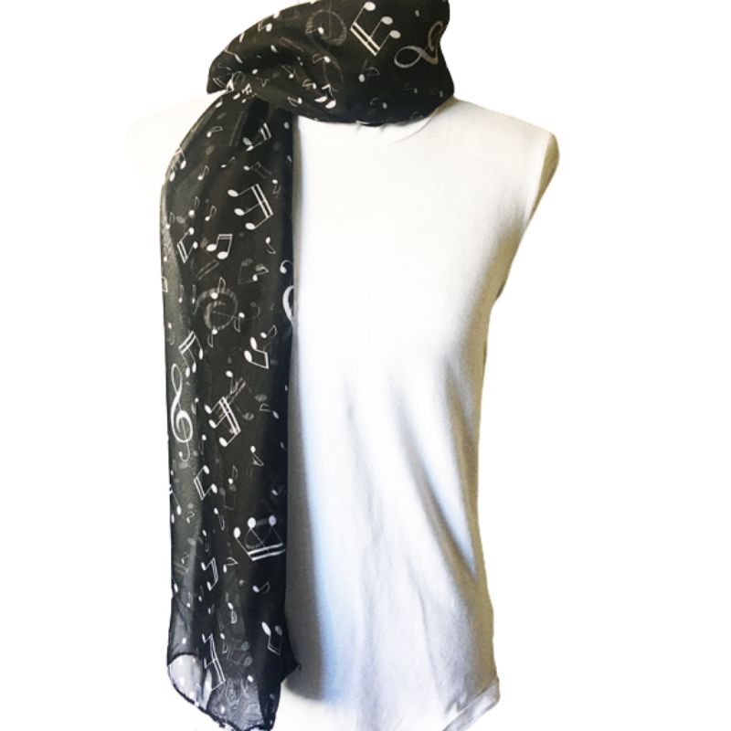 Black lightweight scarf with white musical notes