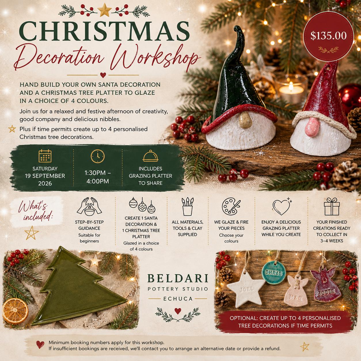Promotional flyer for a Christmas Decoration Workshop by Beldari Pottery Studio in Echuca. The flyer features a festive holiday theme with a decorated Christmas tree, a red Santa hat, and a red gnome, alongside text detailing the workshop's offerings, pricing ($135.