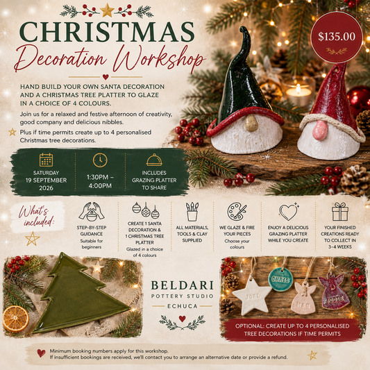 Promotional flyer for a Christmas Decoration Workshop by Beldari Pottery Studio in Echuca. The flyer features a festive holiday theme with a decorated Christmas tree, a red Santa hat, and a red gnome, alongside text detailing the workshop's offerings, pricing ($135.