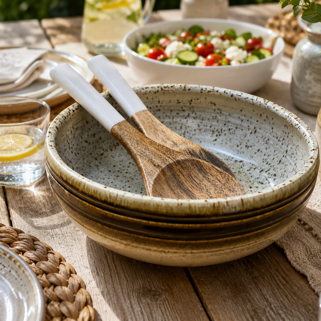 Ceramic bowl with wooden spoon on a wooden table with salad and lemon.