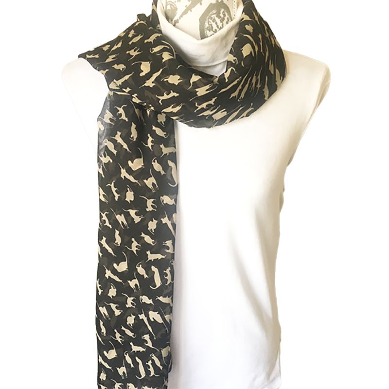 Black lightweight scarf with white cat pattern