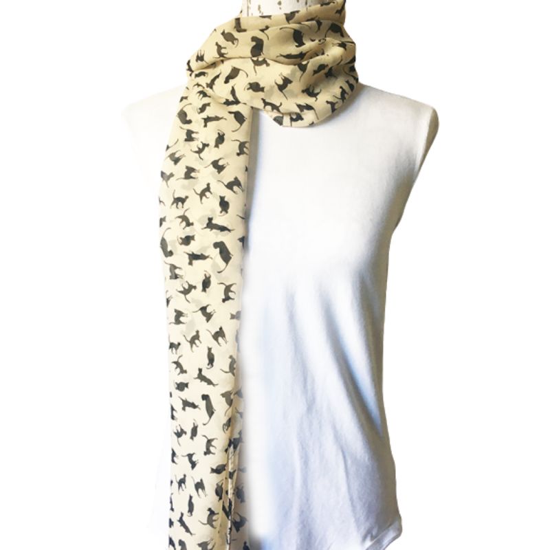 Beige lightweight scarf with black cat pattern