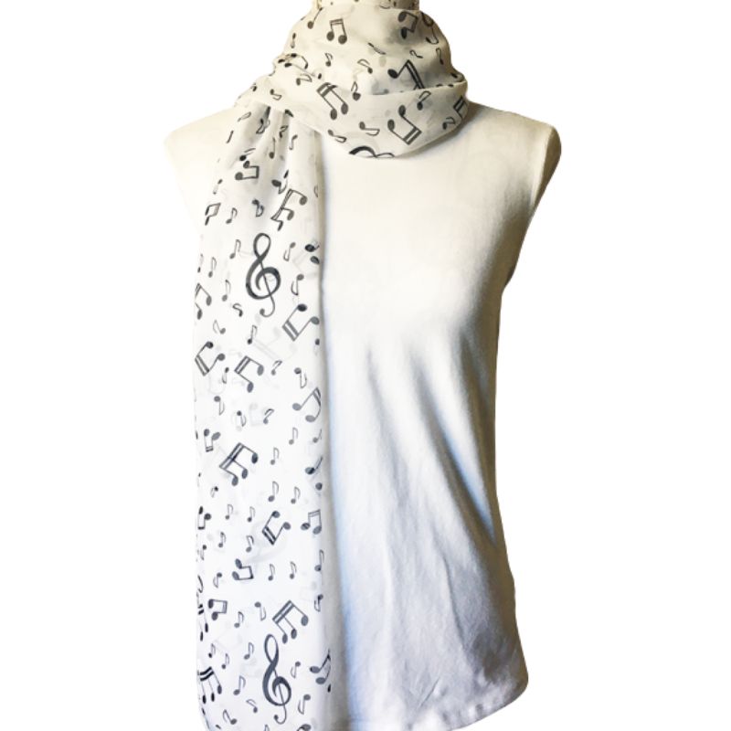 White lightweight scarf with black musical notes
