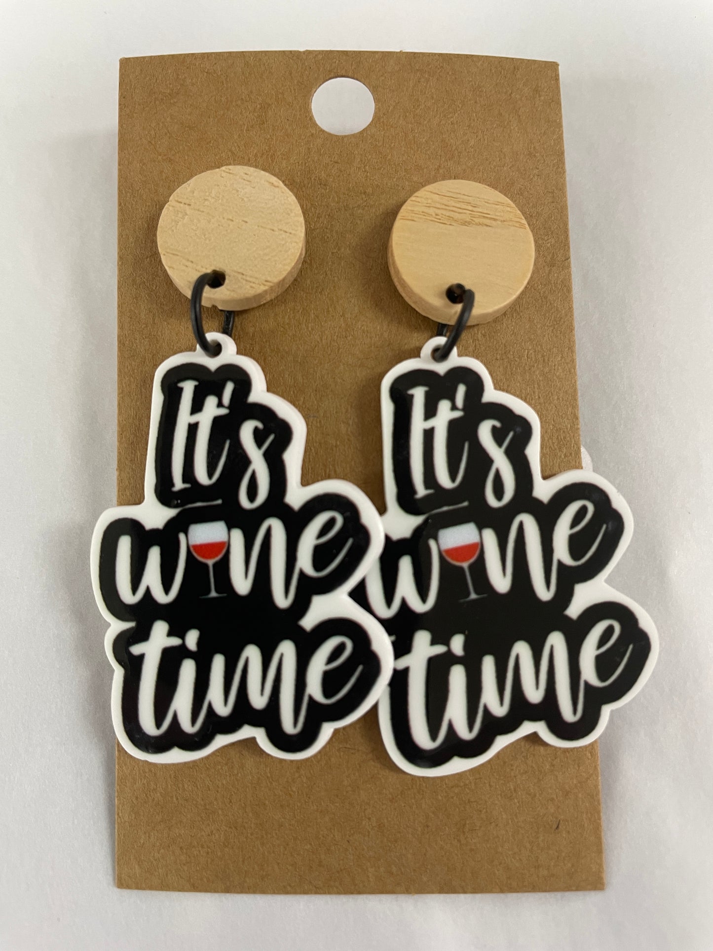 It's Wine Time resin dangle earrings with natural timber stud tops by Beldari Pottery.