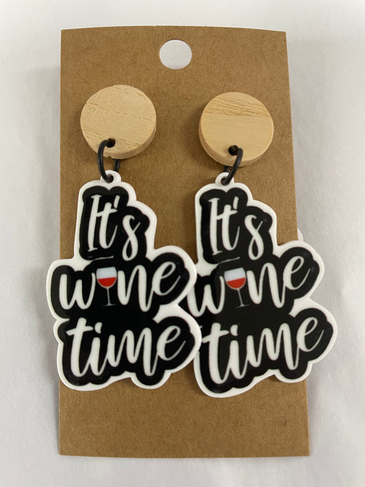 It's Wine Time resin dangle earrings with natural timber stud tops by Beldari Pottery.