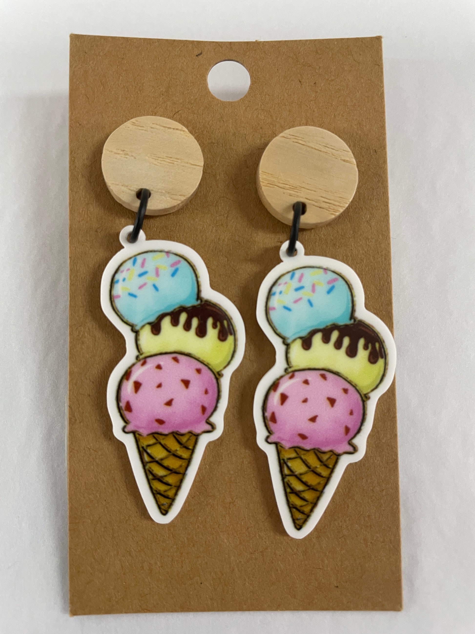 Triple Scoop Ice Cream resin dangle earrings with natural timber stud tops by Beldari Pottery.