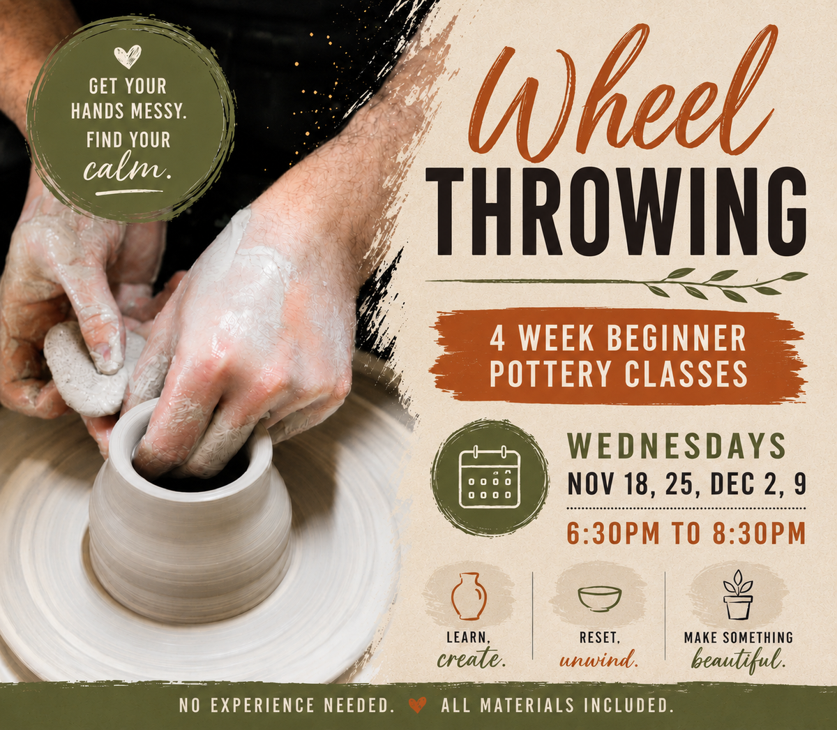 Wheel Throwing Beginner Classes - 4 weeks - Wednesdays