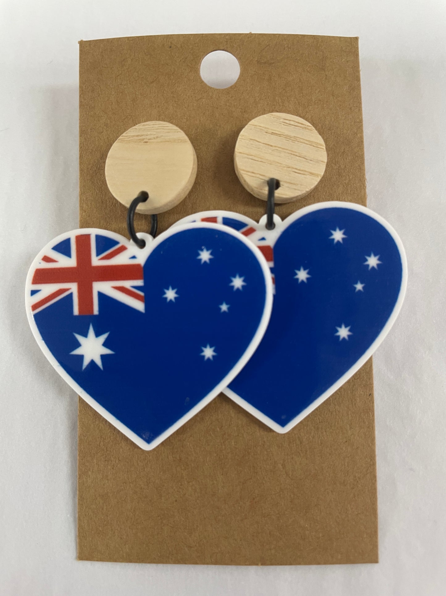 Australian Flag heart resin dangle earrings with natural timber stud tops by Beldari Pottery.