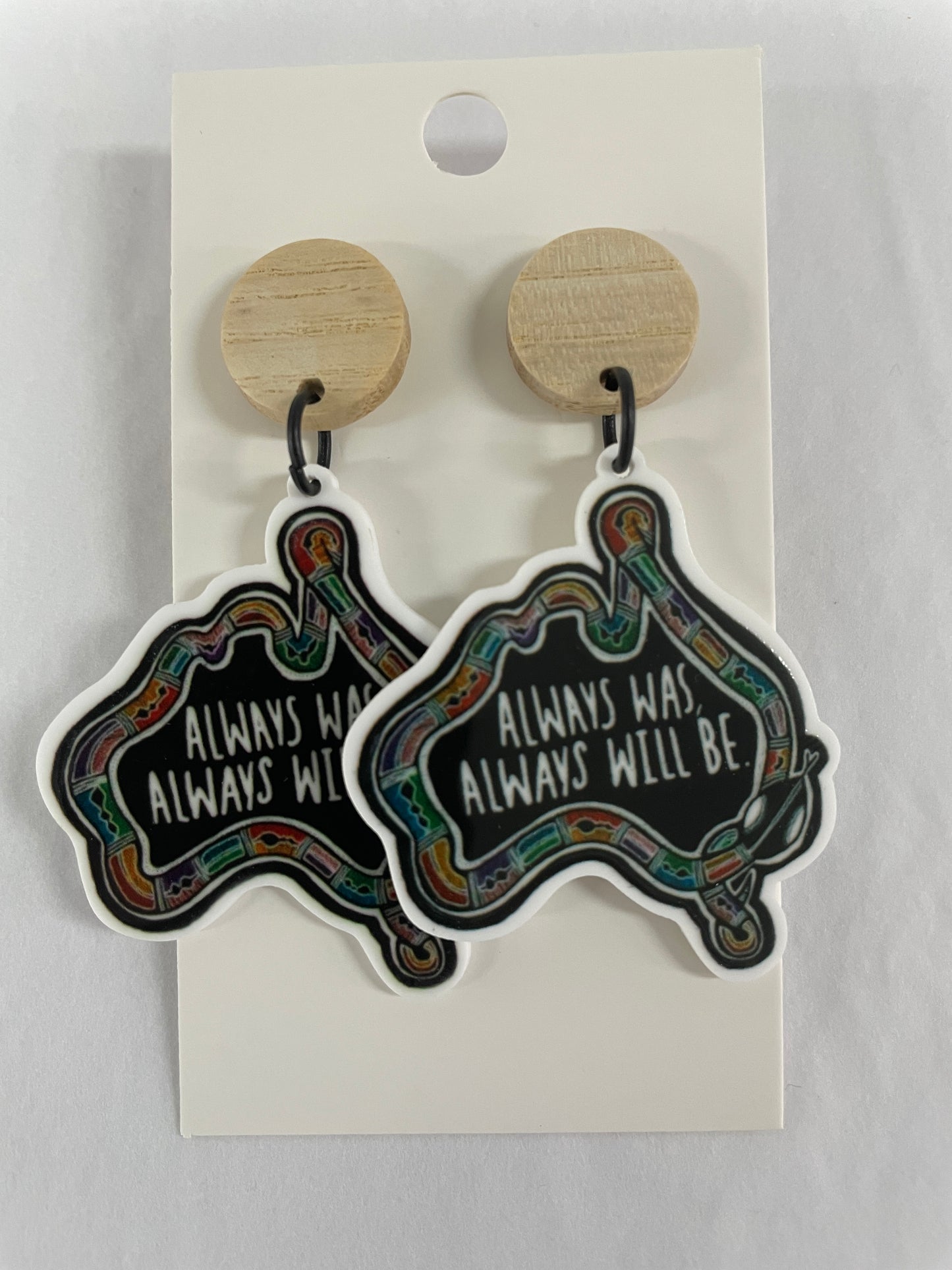 Australia map resin dangle earrings featuring “Always Was, Always Will Be” with natural timber stud tops by Beldari Pottery.