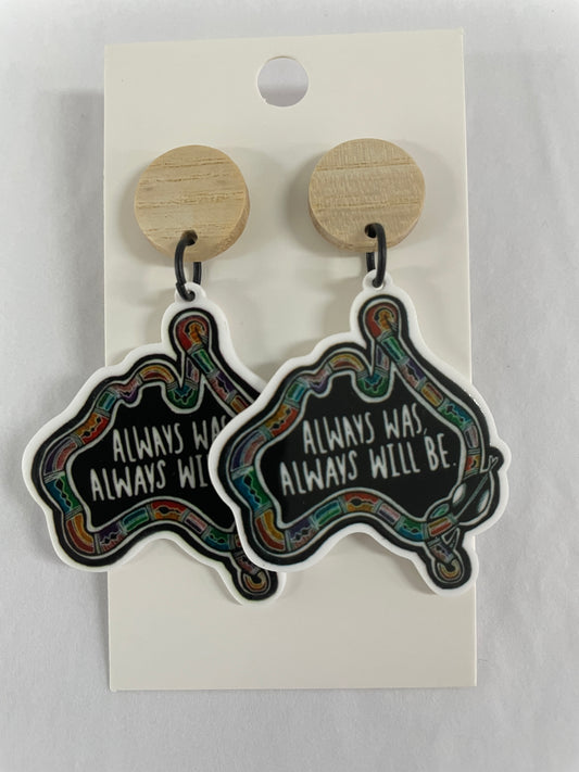 Australia map resin dangle earrings featuring “Always Was, Always Will Be” with natural timber stud tops by Beldari Pottery.
