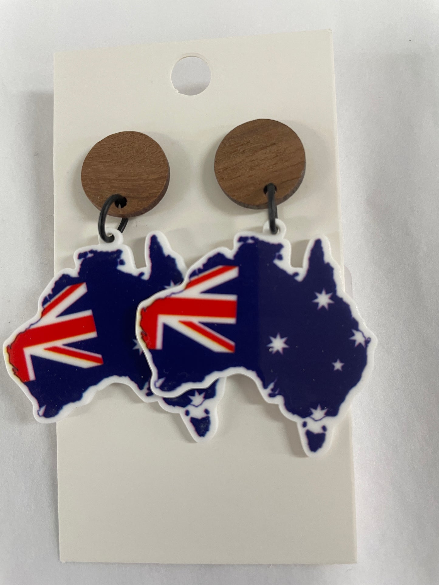 Australian map resin dangle earrings featuring the Australian flag with natural timber stud tops by Beldari Pottery.