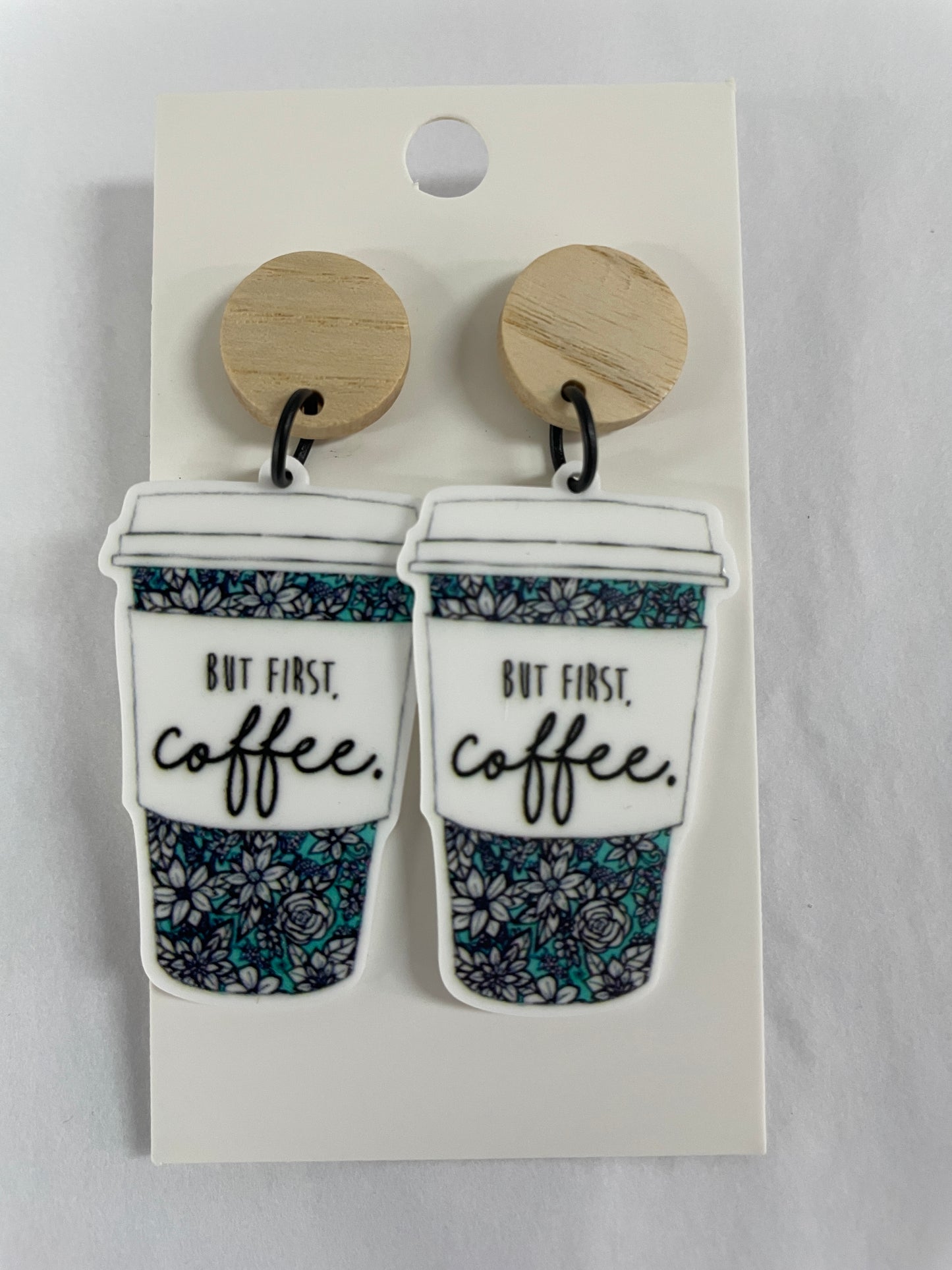 But First Coffee resin dangle earrings featuring takeaway coffee cups and natural timber stud tops by Beldari Pottery.