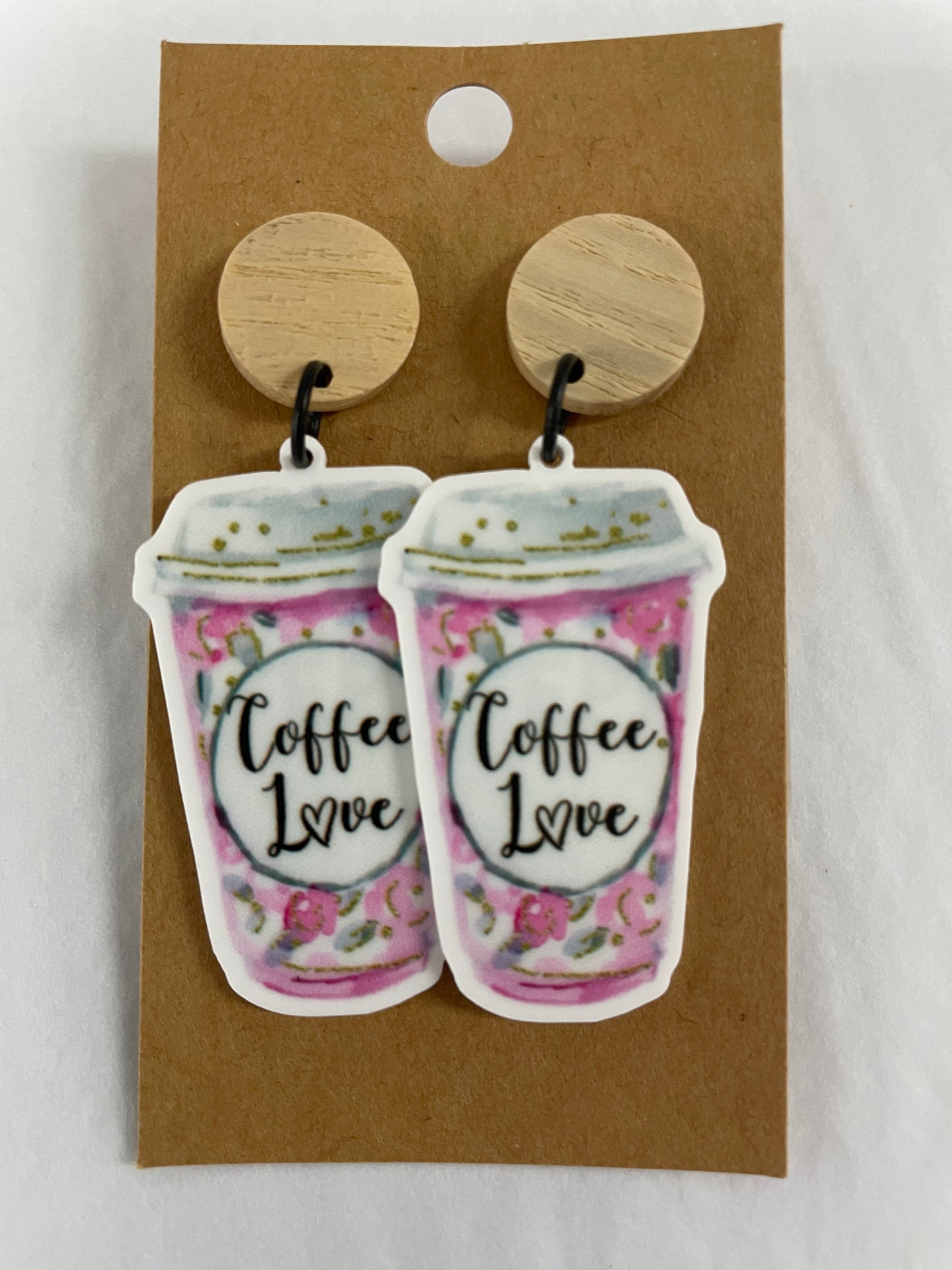 Coffee Love resin dangle earrings featuring takeaway coffee cups and natural timber stud tops by Beldari Pottery.