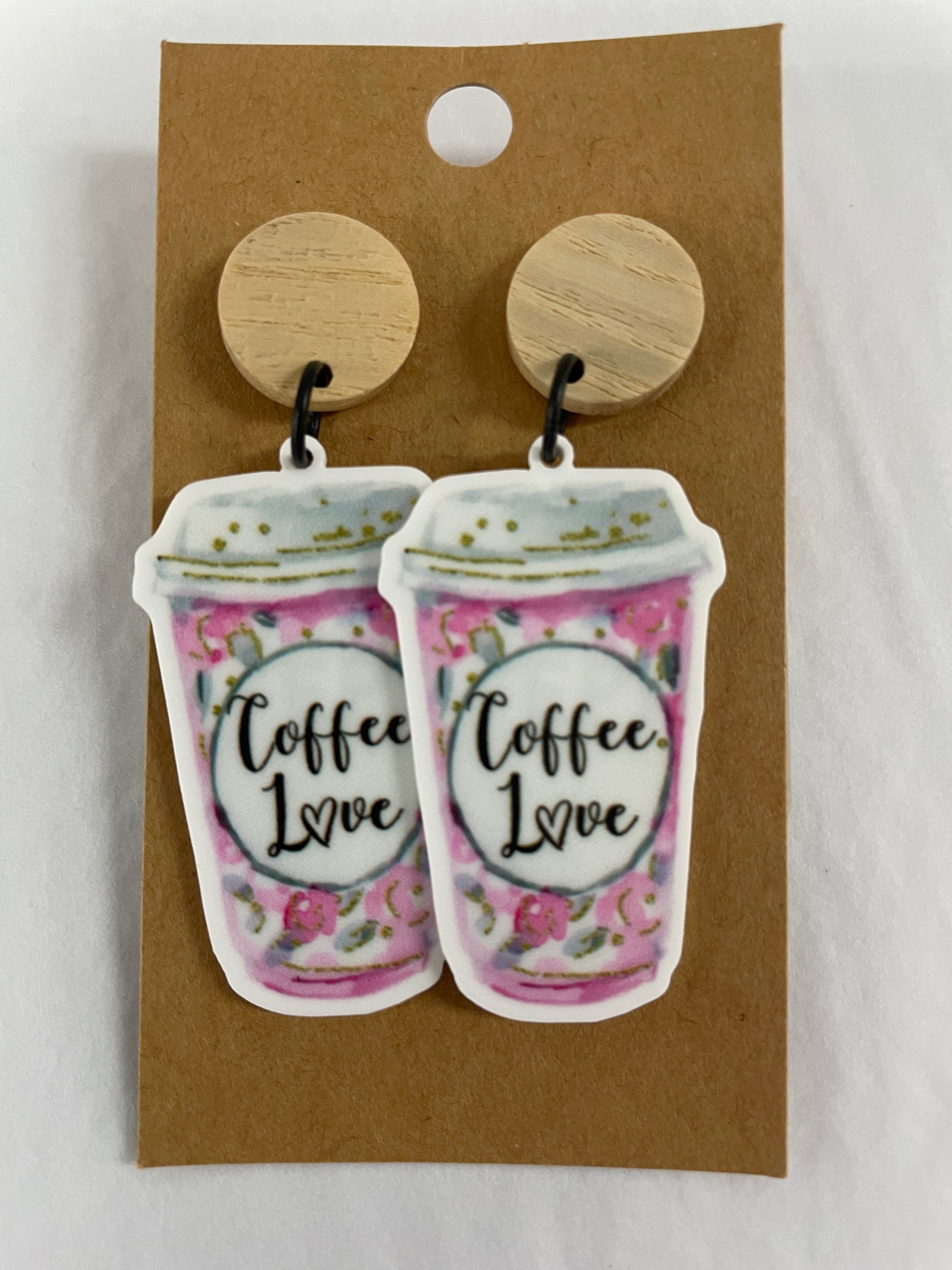 Coffee Love resin dangle earrings featuring takeaway coffee cups and natural timber stud tops by Beldari Pottery.