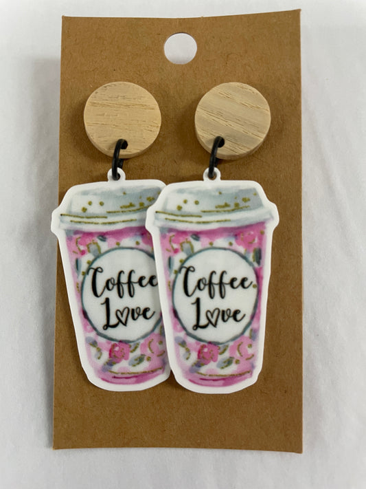 Coffee Love resin dangle earrings featuring takeaway coffee cups and natural timber stud tops by Beldari Pottery.