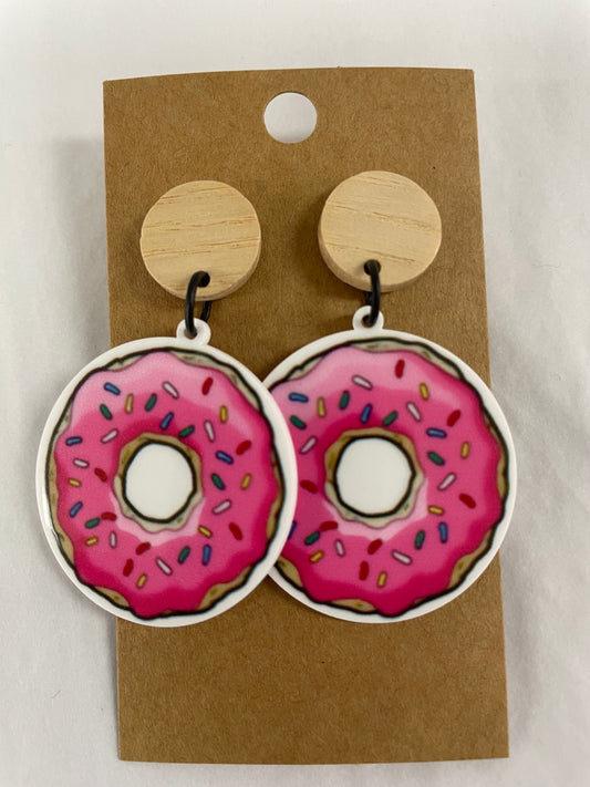 Pink iced donut resin dangle earrings with natural timber stud tops by Beldari Pottery.
