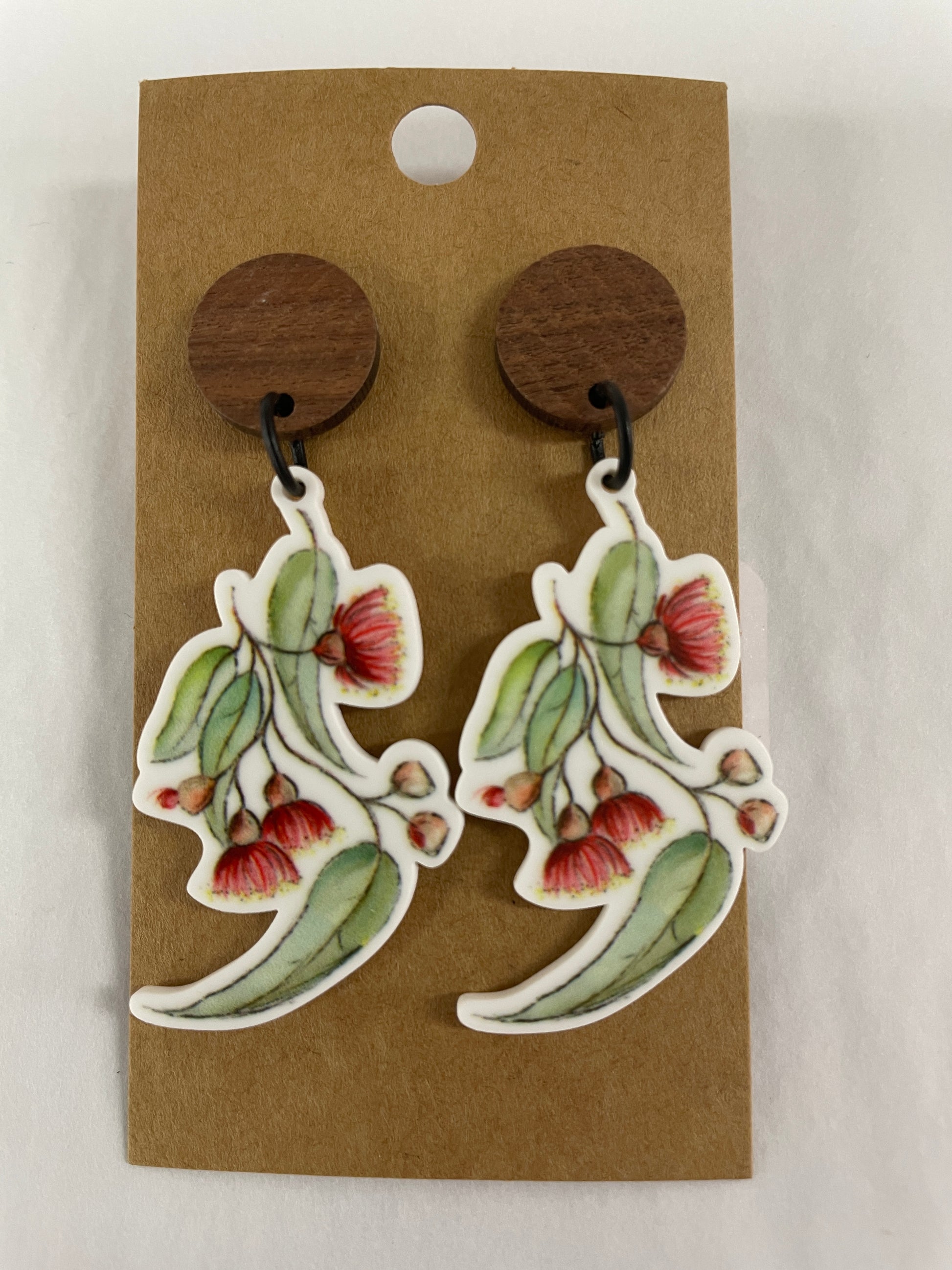 Flowering Gum resin dangle earrings inspired by Australian native flowers with natural timber stud tops by Beldari Pottery.