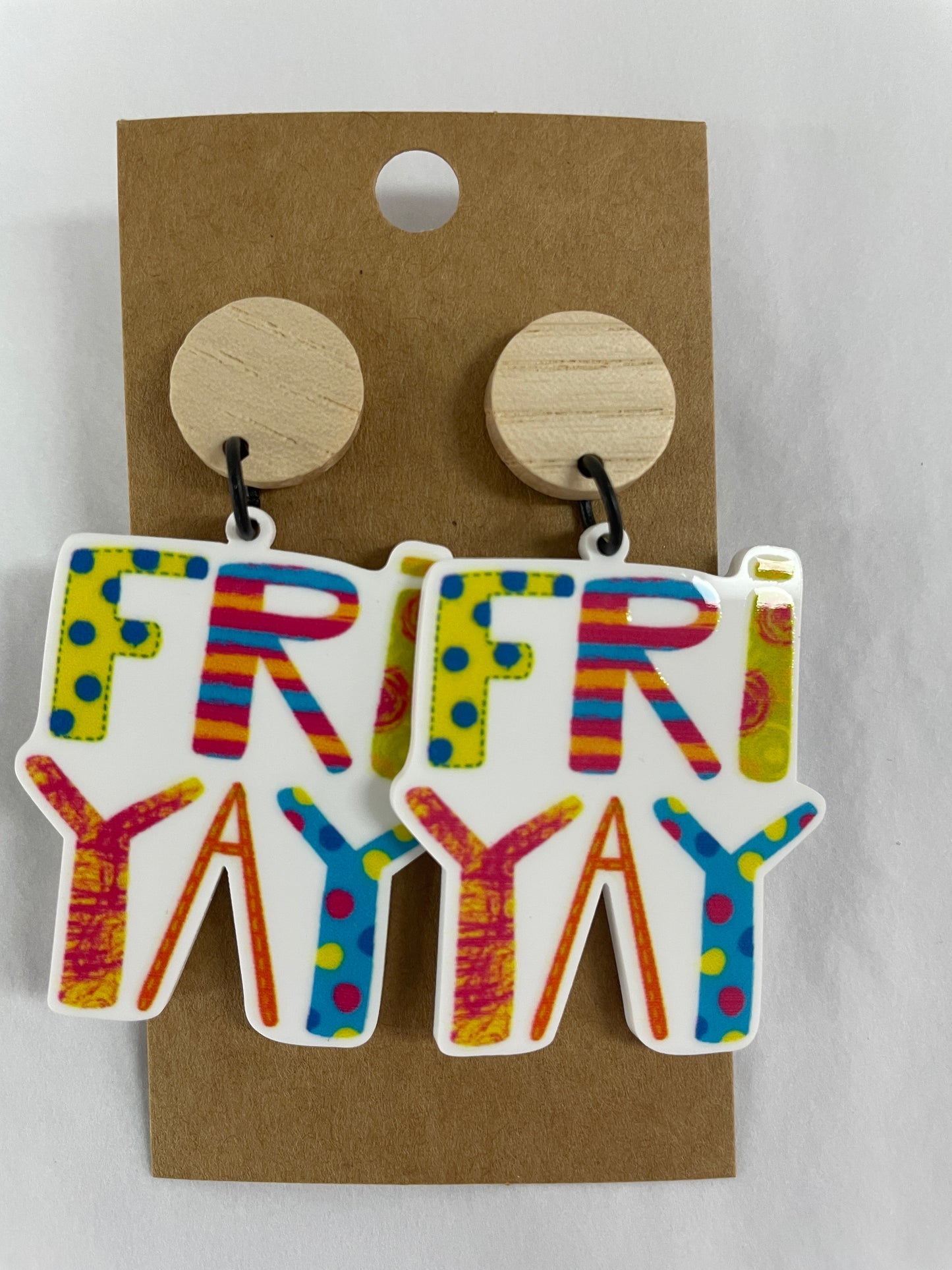 Colourful Fri Yay resin dangle earrings with natural timber stud tops by Beldari Pottery.