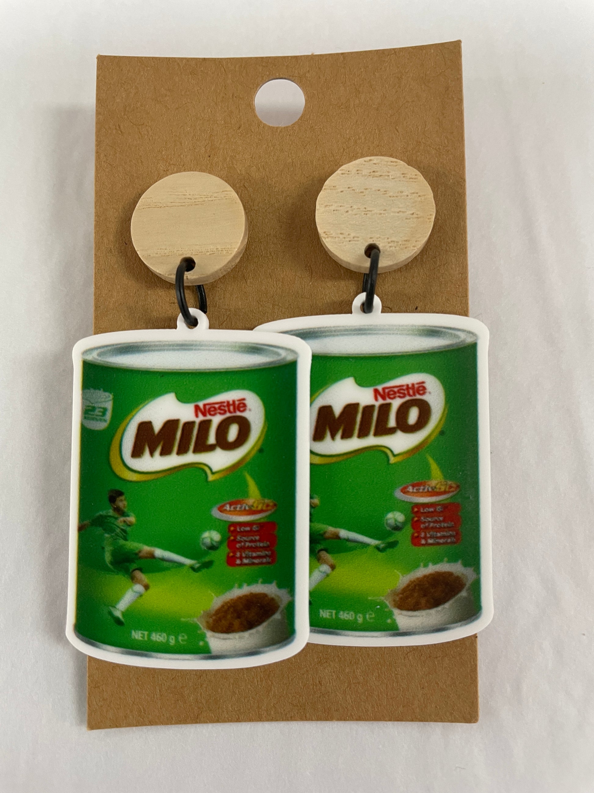 Milo tin resin dangle earrings featuring one Milo tin on each earring with natural timber stud tops by Beldari Pottery.