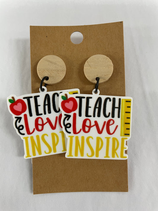 Teach Love Inspire teacher resin dangle earrings featuring apple and ruler designs with natural timber stud tops by Beldari Pottery.