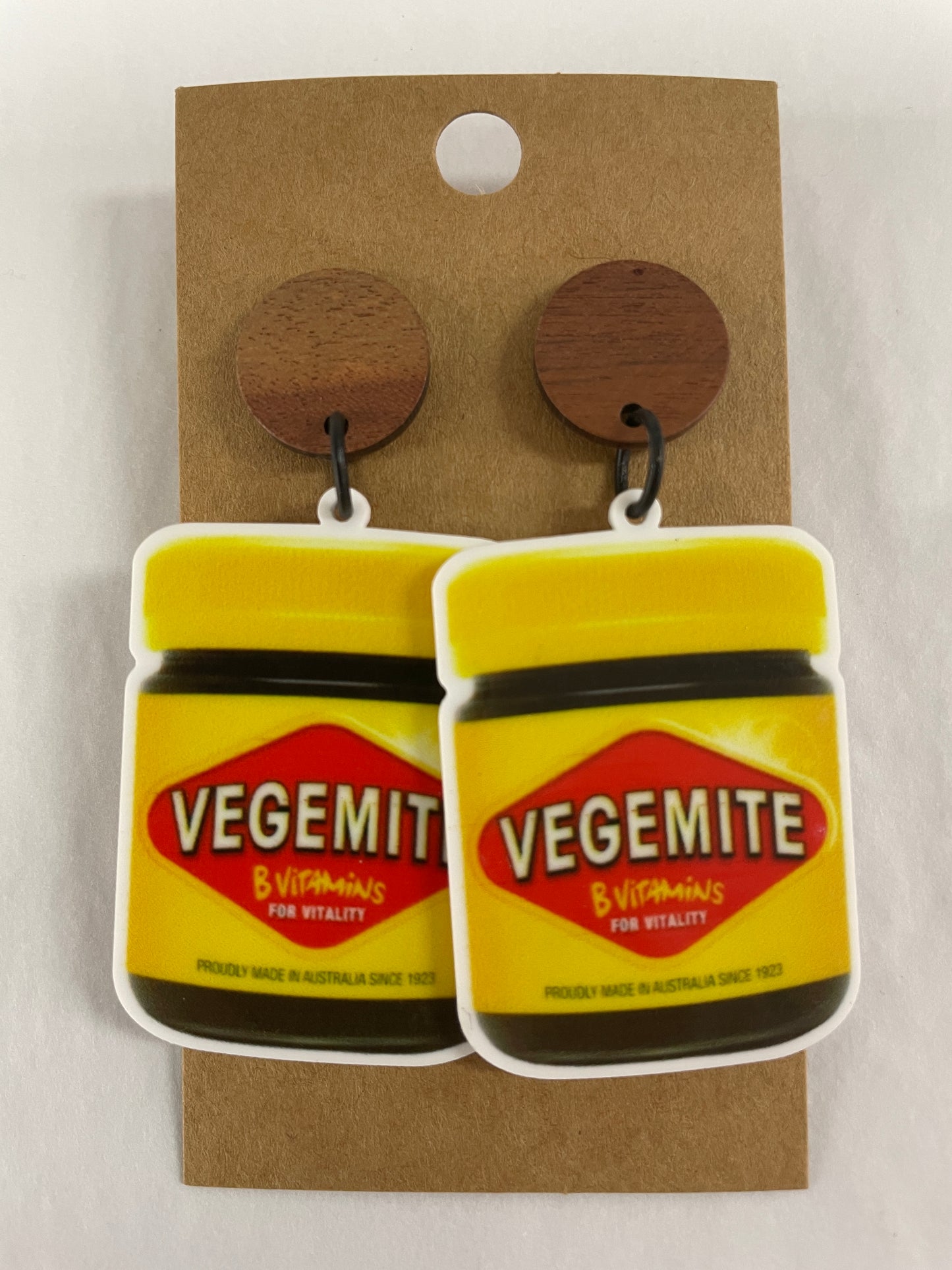 Vegemite jar resin dangle earrings featuring one Vegemite jar on each earring with natural timber stud tops by Beldari Pottery.